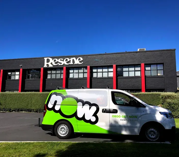 Case Study: Resene A Now-branded van parked in front of a Resene building. Resene, known for its innovation and customer focus, expanded from Wellington to over 80 ColorShops across Australasia. Facing telco setup challenges due to business growth, Resene partnered with Now for a telco solution.