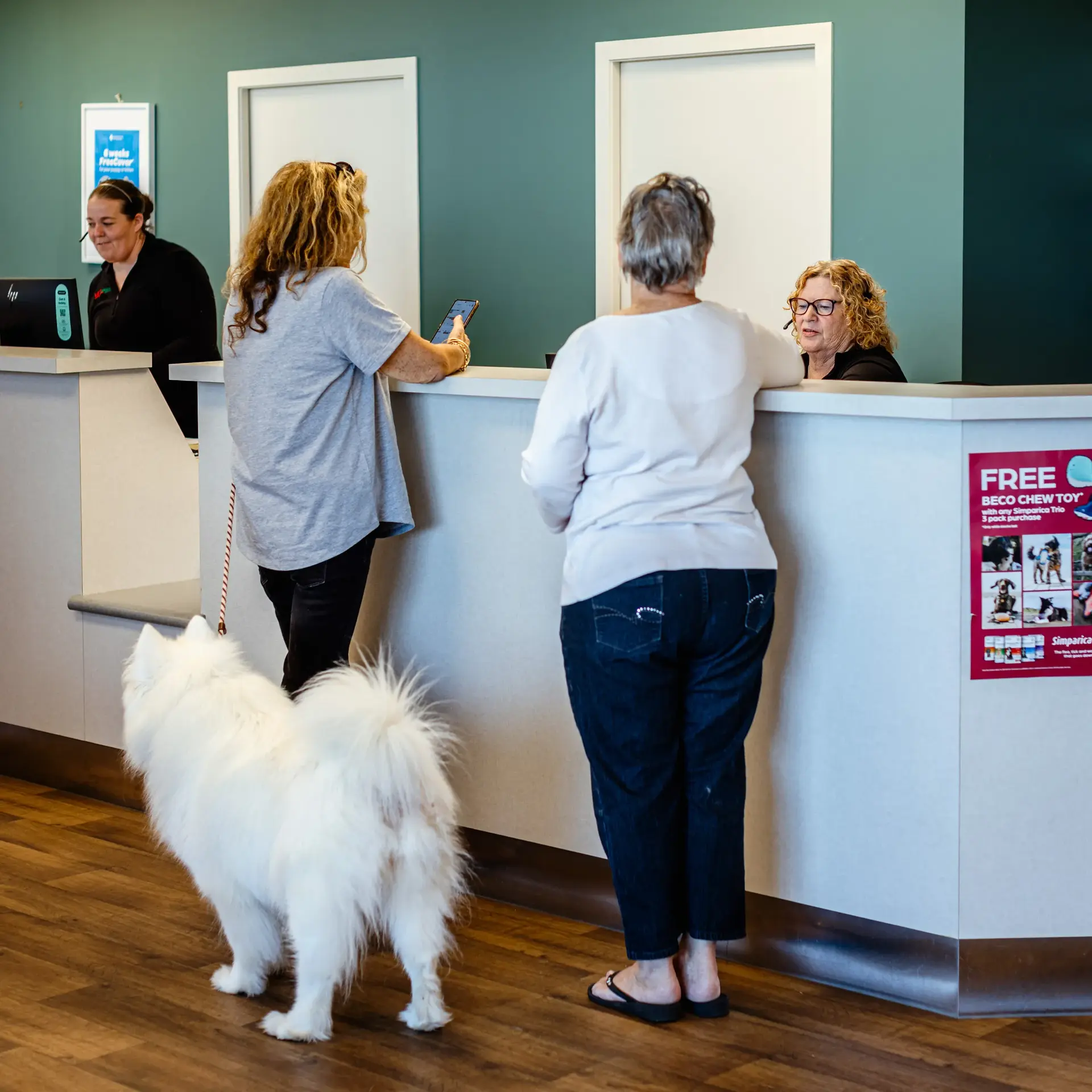 Two customers with their pets check in at the front desk of Vet Services, where receptionists assist them. The partnership with Now ensures seamless communication, allowing Vet Services to effectively manage client appointments across their four Hawkes Bay clinics.